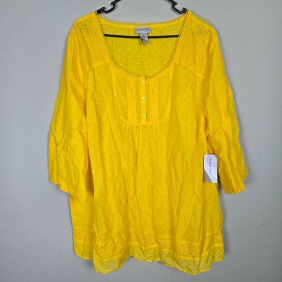 Catherines Womens Embroidered Semi Sheer Tunic Top Sz 2X Yellow Boho Peasant NWT - Picture 1 of 7